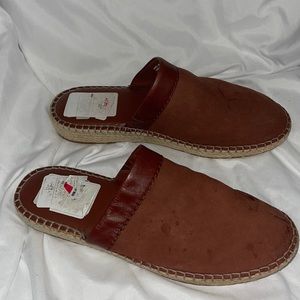 Cole Haan Size 9B brown suede slides with rope material around the sole